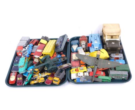 A group of diecast vehicles, cars, trucks, Tonka army truck, etc., play worn (2 trays)