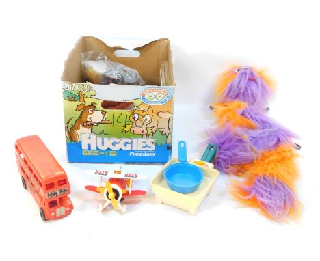 Toys and games, to include a London Transport bus, traffic soldier figures, a Gypsum airplane, puppet, etc. (1 box)
