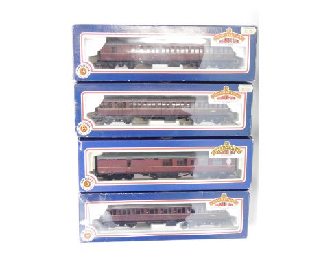 Bachmann Branchline OO gauge coaches, comprising 34-603 57ft BR MkI Suburban maroon, 34-451 63ft Thompson 2nd brake maroon BR