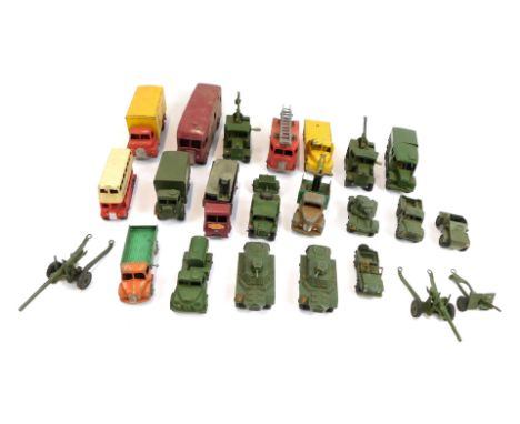 Dinky diecast military vehicles, together with lorries, an express horse box, fire engine, play worn. (1 tray) 