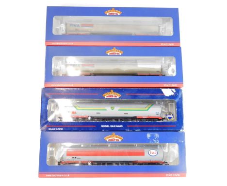 Bachmann Branchline OO gauge rolling stock, comprising two 38-115 TEA bogie wagons FINA (weathered), 38-112 100 ton bogie tan