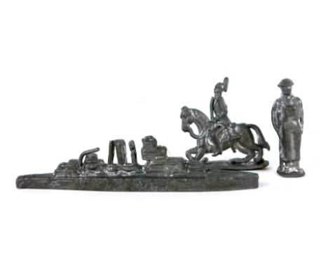 Lead army figures, submarine, naval officer and figure on a horseback.  (3)