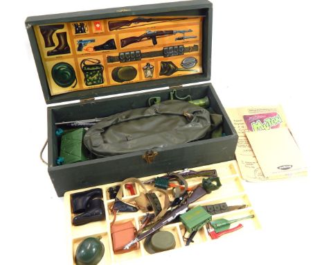 A wooden Action Man military travel case, enclosing contents of Army weapons and accessories, etc.,
