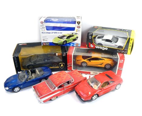 Seven diecast vehicles, comprising a Road Legends 57 Chevrolet Bellair, Burago Ferrari, Jaguar XK8, Burago 1:24 scale Jaguar,