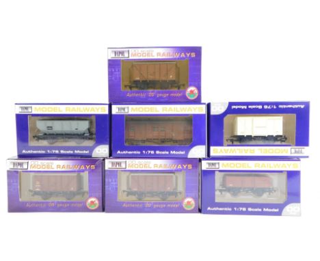 Dapol OO gauge rolling stock, comprising B345 BR Banana van, B373 BR Bauxite vent van, A003 unpainted 21 ton hopper wagon, A0