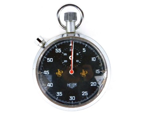 A Heuer for John Player Special lap timer, in a pro case with black dial.
