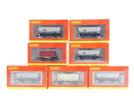 Hornby OO gauge rolling stock, comprising R6691 BR 21 ton hopper wagon pack of three, and R6725 BR 21 ton hopper wagon, R6762