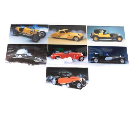 A group of loose automobilia related prints, to include The Miller Roadster 1929, Bugatti Atlantic Coupe 1937, Phantom Corsai