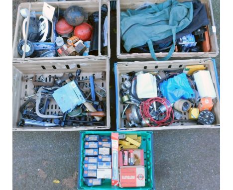 A collection of automobile parts, comprising dials, radiator caps, bulbs, wiring, etc. (4 boxes)