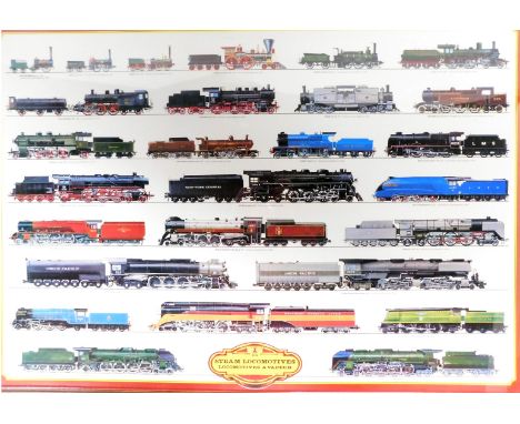 A steam locomotives print, depicting various steam locomotives in colour, framed and glazed, 67cm x 97cm.