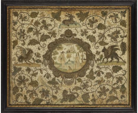 A Charles II silk embroidered panel, c.1660-70, with central oval cartouche of a pastoral scene with two figures holding croo