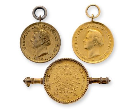 A gilt brooch mounted Kingdom of Prussia 20 mark gold coin, 1872, with photographic portrait of a gentleman to reverse, toget