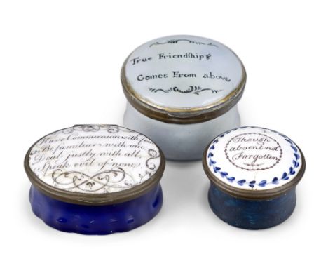 Three George III Staffordshire enamel patch boxes, late 18th century, the lids inscribed: True Friendship Comes From above; H