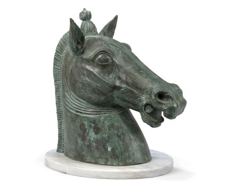 An Italian bronze horse's head, after the Horses of Saint Mark, Venice, early 20th century, on an associated oval marble base