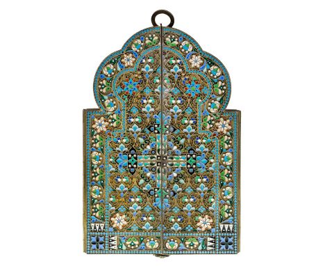 AMENDMENT: Please note this lot is silver-gilt.A Russian gilt-bronze and cloisonne enamel travelling icon, 1899-1908, maker's
