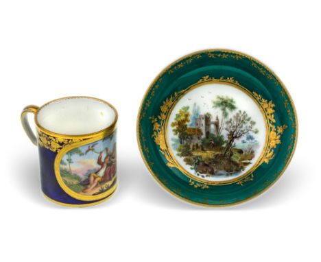 A Sevres porcelain bleu nouveau-ground cup (gobelet litron) and a Sèvres porcelain green-ground saucer, c.1760-76, the cup wi