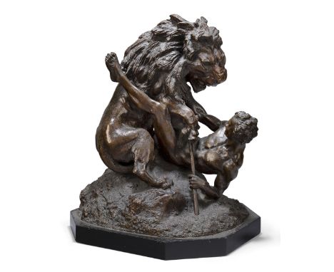 After Edme Nicolas Faillot, French, 1810-1849, a bronze figural group of a man in a mortal struggle with a lion, late 19th ce