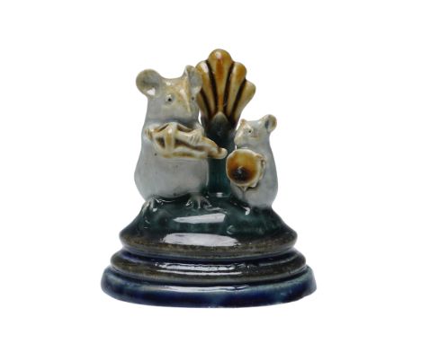 Royal Doulton stoneware menu holder designed by George Tinworth, featuring two sculpted mice performing with musical instrume