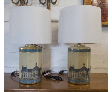 LOUVRE TABLE LAMPS, a pair, ceramic jar shaped with shades, 62cm H. (2)