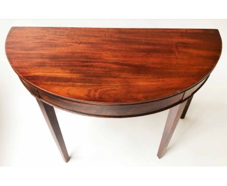 CONSOLE TABLE, George III figured mahogany, adapted of demi lune form, 92cm W x 75cm H x 45cm D.