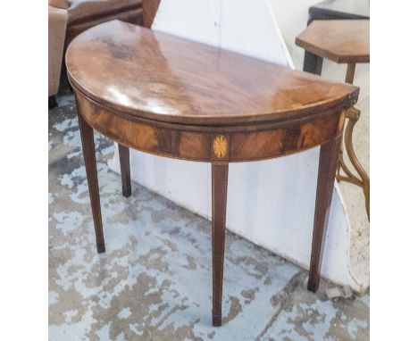 CARD TABLE, late 18th century George III mahogany demi lune foldover with inlaid decoration, later green baize, 92cm x 75cm H