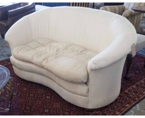 SOFA, English Art Deco, sprung with horse hair upholstery and feather cushions in calico, 175cm W x 91cm H x 100cm D. (marks 