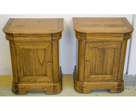 BEDSIDE CABINETS, a pair, hardwood, each with drawer above a door, one with shelf, 61cm H x 50cm x 38cm. (2)