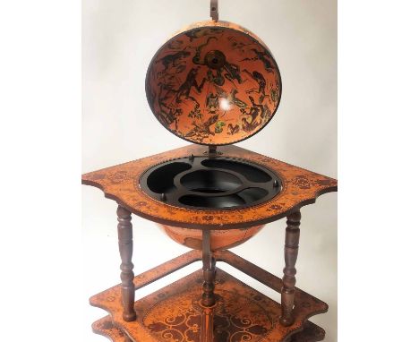 COCKTAIL GLOBE CABINET, in form of an antique globe on stand with rising lid and fitted interior, 76cm x 80cm H.