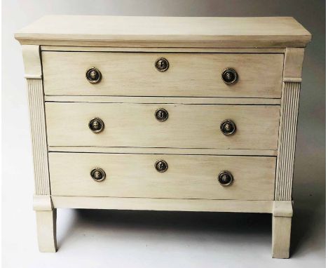 COMMODE, 19th century Dutch grey painted with three long drawers, reeded pilasters and swept supports, 101cm x 44cm D x 87cm 