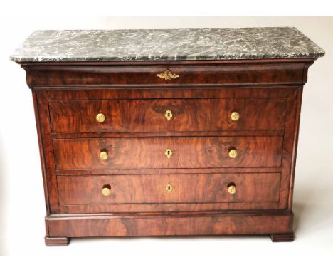 COMMODE, 19th century French Louis Philippe burr walnut and gilt metal mounted with four long drawers and St Annes grey white