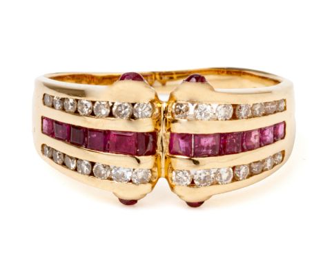 A RUBY AND DIAMOND RING
Featuring cabochon and square cut rubies weighing approximately 0.90 cts (marked), in a channel setti