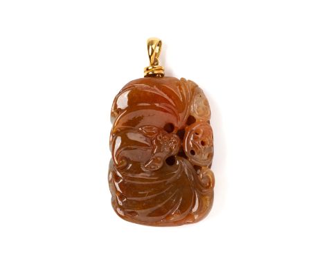 A CARVED JADEITE PENDANT Carved with bats and coins, the gold bail marked '750'  Purchased from Li-Hong Jade, with retailers'