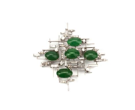 A JADE AND DIAMOND ABSTRACT BROOCH
To be sold at no reserve
Of openwork abstract design with five oval jade cabochons intersp