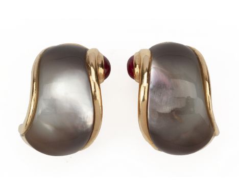 A PAIR OF BULGARI MOTHER OF PEARL AND RUBY CLIP EARRINGS
To be sold at no reserve
Of scroll design set with a shaped mother o