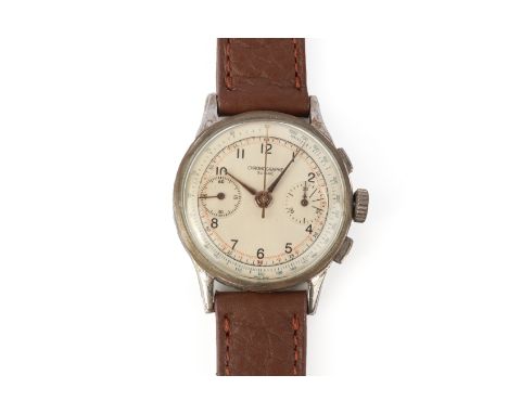 A CHRONOGRAPHE SUISSE WRISTWATCH
Circa 1940s
The cream dial with Arabic numerals, and blue, black and red printed registers, 