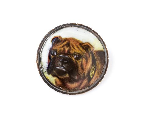AN ANTIQUE ENAMEL BROOCH OF A BULLDOG
The circular painted enamel plaque within a silver coloured frame, inscribed toe the re