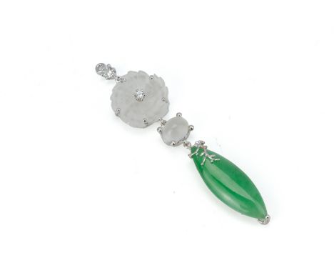A JADE, QUARTZ AND DIAMOND PENDANT
To be sold at no reserve
With a carved quartz flowerhead with diamond accents, above two j