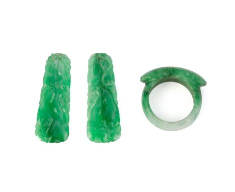 A JADE RING AND PAIR OF JADE PENDANTS
To be sold at no reserve
The ring of white and mottled green colour; the pair of pendan