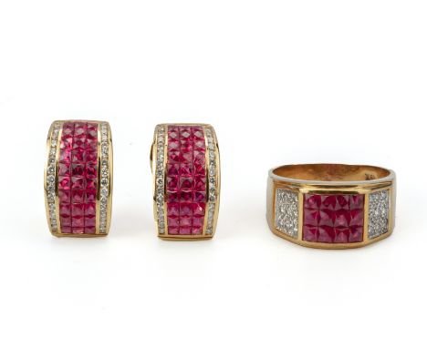 A RUBY AND DIAMOND RING AND PAIR OF EARRINGS
To be sold at no reserve
The ring with a central panel of square cut rubies, fla