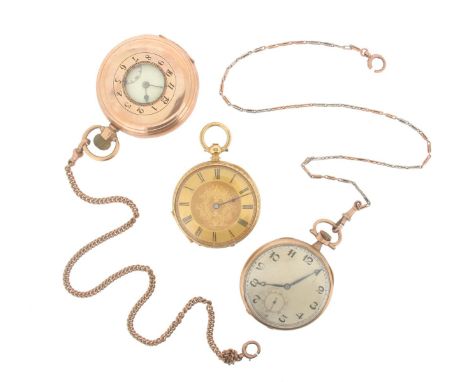 A gold open faced pocket watch, the engraved gold dial with black enamel Roman numerals. A 9ct gold half hunting cased pocket