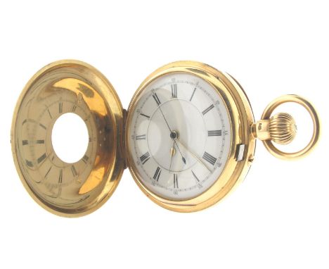 An 18ct yellow gold half hunting cased pocket watch, blue enamel outer chapter ring with Roman numerals. The white enamel dia