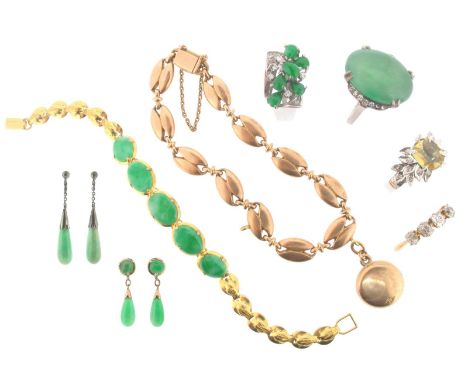 A gold fancy-link bracelet suspending a circular-shaped gold locket pendant, an oval-shaped jade cabochon and diamond-set whi