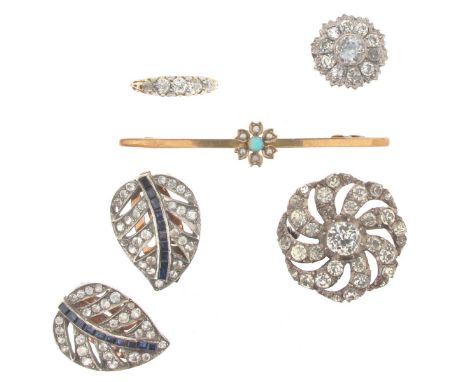 A diamond-set five stone gold ring, size K 1/2. An opal and seed pearl set gold bar brooch. A pair of blue and white paste se