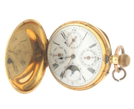 An 18ct gold cased stem-wind pocket watch, the white enamel dial with subsidiary moon phase dial, and three further dials for