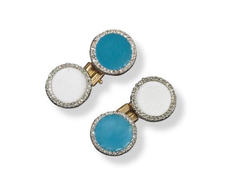 A pair of French textured white and plain blue enamel cufflinks, the circular links each with rose-cut diamond borders and se