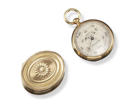 A 19th century gold vinaigrette, oval-shaped and with engine-turned decoration to the hinged cover and base. Hinged grille. U