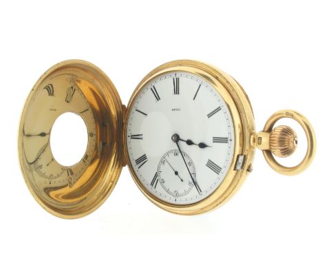 An 18ct gold half hunter pocket watch, the 3/4 plate movement inscribed 'Jones & Sons. Liverpool No 49723'. The white enamel 