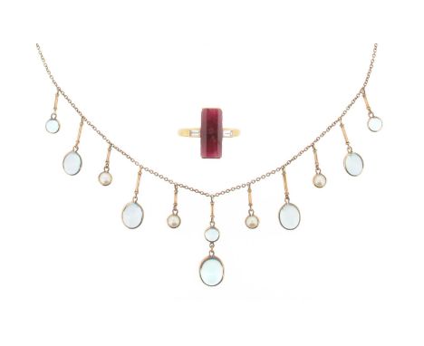 A topaz and pearl fringe necklace, the fine link gold necklace alternately suspends graduated oval-shaped blue topaz cabochon