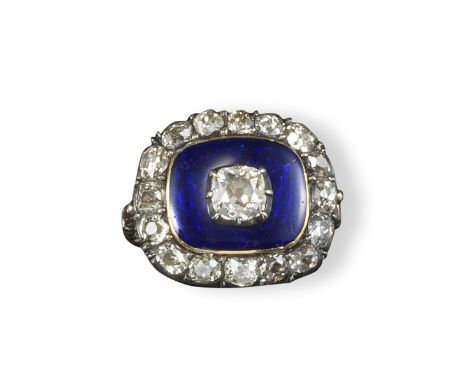 A George III diamond-set cluster ring, the centre cushion-shaped diamond is set on a ground of blue guilloche enamel and with