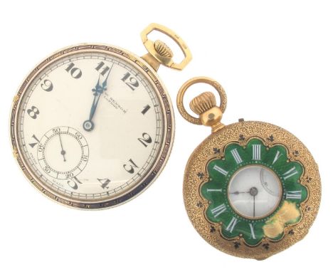 A gold half hunting cased fob watch, with green guilloche enamel chaptering and white enamel Roman numerals (damaged). And a 